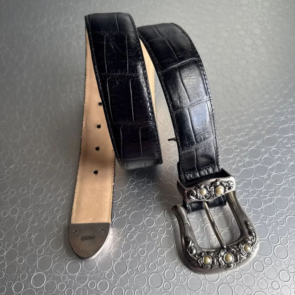 Vintage Brighton Black Croc Embossed Leather Belt S Faux Pearl Buckle 23503
